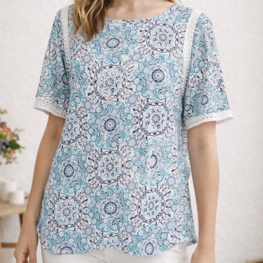 Loft Linen Floral Print Cold Shoulder Top Crochet Short Sleeve Blouse MP WB10